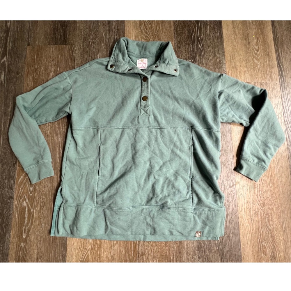 Marley Lilly Sweatshirt Pullover Womens XS Green Snap Neck Fleece Pocket 3946
